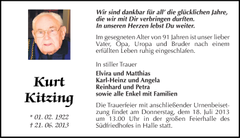 Traueranzeige von Kurt Kitzing von Mitteldeutsche Zeitung Halle/Saalkreis