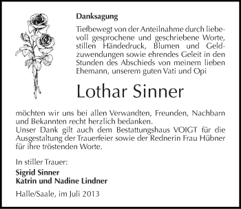Traueranzeige von Lothar Sinner von Mitteldeutsche Zeitung Halle/Saalkreis