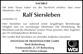 Traueranzeige von Ralf Siersleben von Mitteldeutsche Zeitung Mansfelder Land