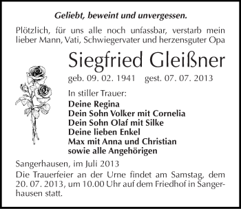 Traueranzeige von Siegfried Gleißner von Mitteldeutsche Zeitung Sangerhausen