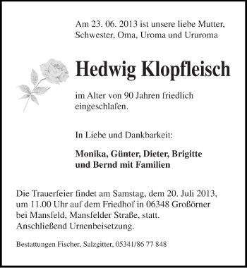 Traueranzeige von Hedwig Klopfleisch von Mitteldeutsche Zeitung Mansfelder Land