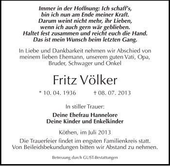 Traueranzeige von Fritz Völker von Mitteldeutsche Zeitung Köthen