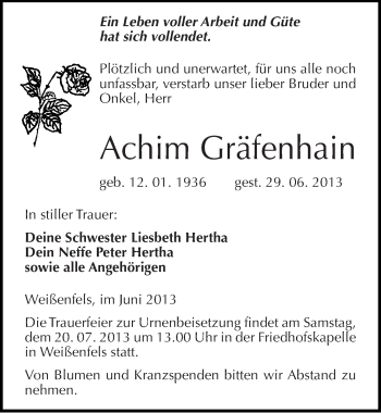 Traueranzeige von Achim Gräfenhain von Mitteldeutsche Zeitung Weißenfels