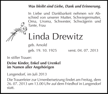 Traueranzeige von Linda Drewitz von Mitteldeutsche Zeitung Weißenfels