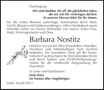 Traueranzeige von Barbara Nostitz von Mitteldeutsche Zeitung Halle/Saalkreis