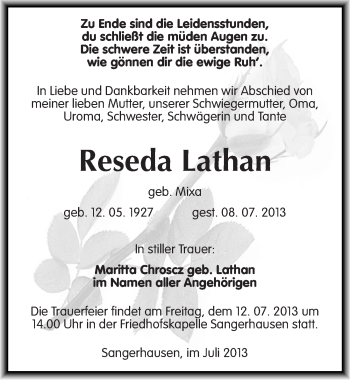 Traueranzeige von Reseda Lathan von Mitteldeutsche Zeitung Sangerhausen