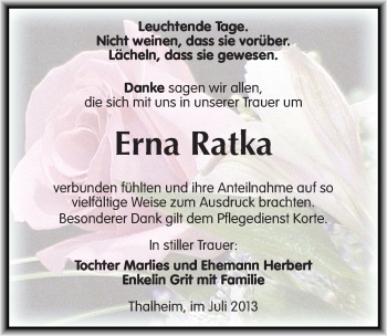 Traueranzeige von Erna Ratka von Mitteldeutsche Zeitung Bitterfeld