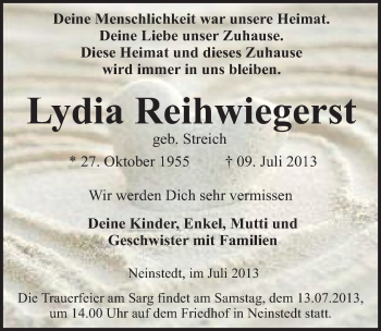 Traueranzeige von Lydia Reihwiegerst von Mitteldeutsche Zeitung Quedlinburg