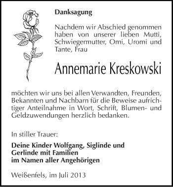 Traueranzeige von Annemarie Kreskowski von Mitteldeutsche Zeitung Weißenfels