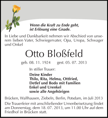 Traueranzeige von Otto Bloßfeld von Mitteldeutsche Zeitung Sangerhausen