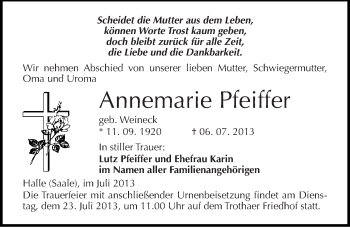 Traueranzeige von Annemarie Pfeiffer von Mitteldeutsche Zeitung Halle/Saalkreis
