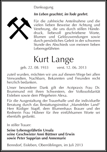 Traueranzeige von Kurt Lange von Mitteldeutsche Zeitung Mansfelder Land