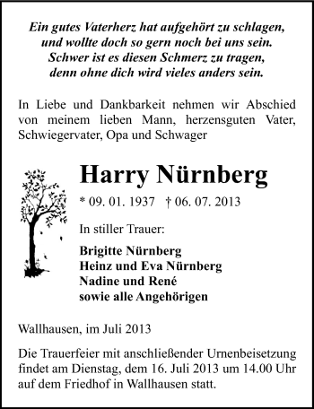 Traueranzeige von Harry Nürnberg von Mitteldeutsche Zeitung Sangerhausen