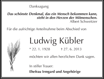 Traueranzeige von Ludwig Kübler von Mitteldeutsche Zeitung Halle/Saalkreis