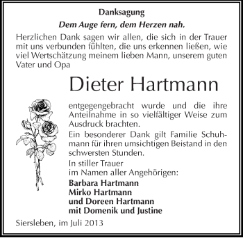 Traueranzeige von Dieter Hartmann von Mitteldeutsche Zeitung Mansfelder Land
