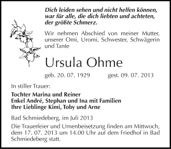 Traueranzeige von Ursula Ohme von Mitteldeutsche Zeitung Wittenberg
