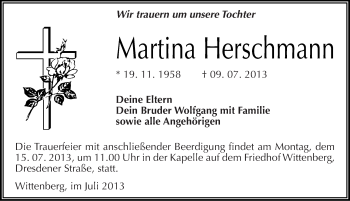 Traueranzeige von Martina Herschmann von Mitteldeutsche Zeitung Wittenberg