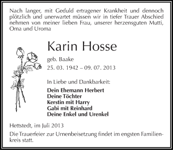 Traueranzeige von Karin Hosse von Mitteldeutsche Zeitung Mansfelder Land
