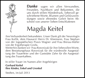 Traueranzeige von Magda Keitel von Mitteldeutsche Zeitung Mansfelder Land