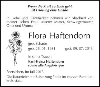 Traueranzeige von Flora Haftendorn von Mitteldeutsche Zeitung Sangerhausen