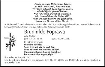 Traueranzeige von Brunhilde Poprawa von Mitteldeutsche Zeitung Merseburg/Querfurt