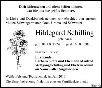 Traueranzeige von Hildegard Schilling von Mitteldeutsche Zeitung Weißenfels