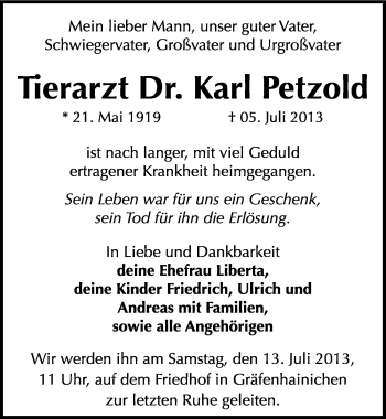 Traueranzeige von Karl Petzold von Mitteldeutsche Zeitung Wittenberg