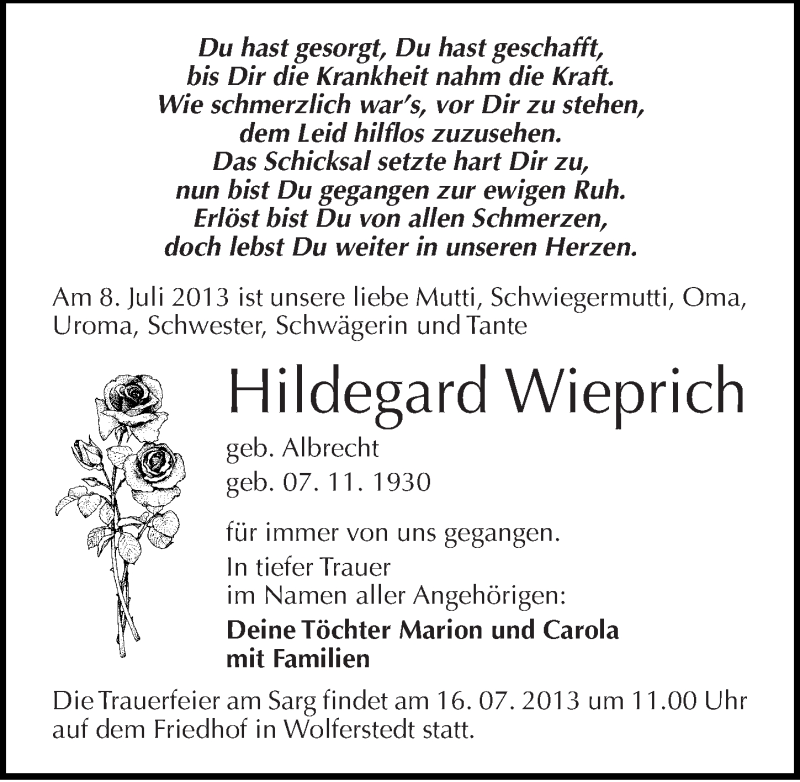 Traueranzeige für Hildegard Wieprich vom 13.07.2013 aus Mitteldeutsche Zeitung Sangerhausen