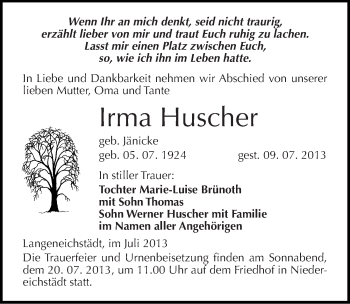 Traueranzeige von Irma Huscher von Mitteldeutsche Zeitung Merseburg/Querfurt