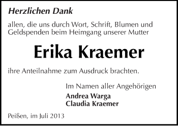 Traueranzeige von Erika Kraemer von Mitteldeutsche Zeitung Halle/Saalkreis