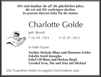 Traueranzeige von Charlotte Golde von Mitteldeutsche Zeitung Halle/Saalkreis