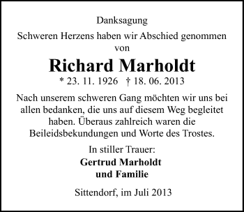 Traueranzeige von Richard Marholdt von Mitteldeutsche Zeitung Sangerhausen