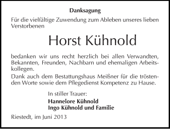 Traueranzeige von Horst Kühnold von Mitteldeutsche Zeitung Sangerhausen