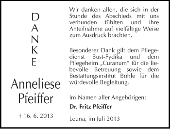 Traueranzeige von Anneliese Pfeiffer von Mitteldeutsche Zeitung Merseburg/Querfurt