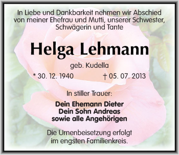 Traueranzeige von Helga Lehmann von Mitteldeutsche Zeitung Bitterfeld