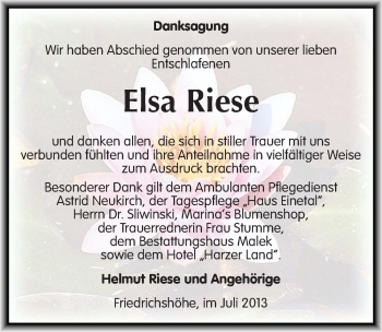 Traueranzeige von Elsa Riese von Mitteldeutsche Zeitung Quedlinburg
