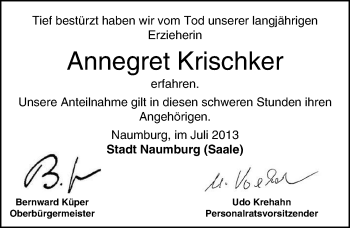 Traueranzeige von Annegret Krischker von Mitteldeutsche Zeitung Naumburg/Nebra