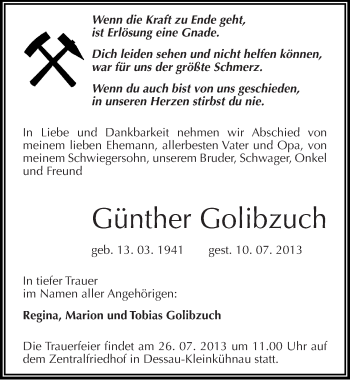 Traueranzeige von Günther Golibzuch von Mitteldeutsche Zeitung Dessau-Roßlau