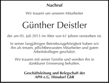 Traueranzeige von Günther Deistler von Mitteldeutsche Zeitung Köthen