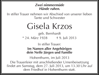 Traueranzeige von Gisela Krzos von Mitteldeutsche Zeitung Halle/Saalkreis