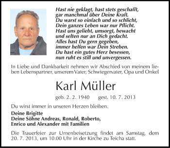 Traueranzeige von Karl Müller von Mitteldeutsche Zeitung Halle/Saalkreis