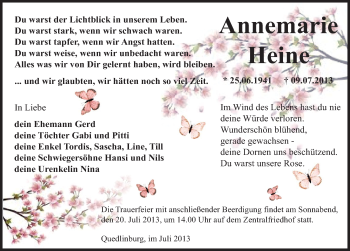 Traueranzeige von Annemarie Heine von Mitteldeutsche Zeitung Quedlinburg