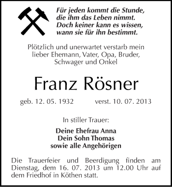 Traueranzeige von Franz Rösner von Mitteldeutsche Zeitung Köthen