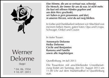 Traueranzeige von Werner Delorme von Mitteldeutsche Zeitung Quedlinburg