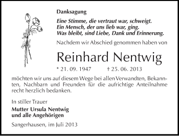 Traueranzeige von Reinhard Nentwig von Mitteldeutsche Zeitung Sangerhausen