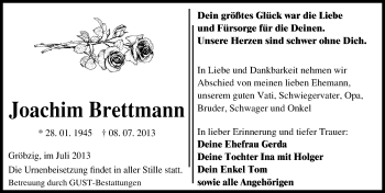 Traueranzeige von Joachim Brettmann von Mitteldeutsche Zeitung Köthen
