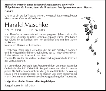 Traueranzeige von Harald Maschke von Mitteldeutsche Zeitung Sangerhausen