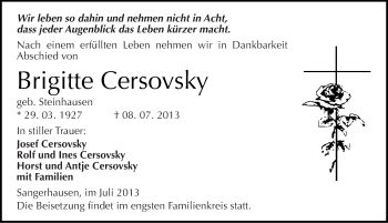 Traueranzeige von Brigitte Cersovsky von Mitteldeutsche Zeitung Sangerhausen