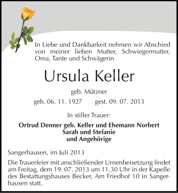 Traueranzeige von Ursula Keller von Mitteldeutsche Zeitung Sangerhausen