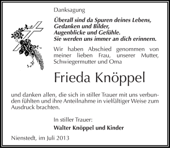 Traueranzeige von Frieda Knöppel von Mitteldeutsche Zeitung Sangerhausen